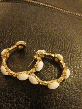 Gold Hoop Earrings with White Cabochon Accents - Women Jewelry